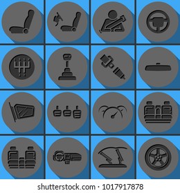 Set of car interior details vector icon. Includes seats, back seats, dashboard, transmission and safety belt. Round papercut pictogram with 3d effect.