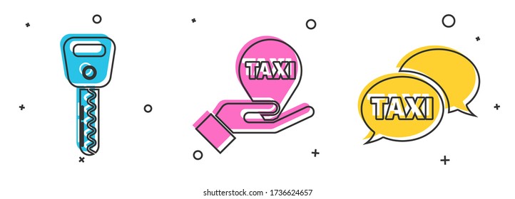 Set Car key, Hand on map pointer with taxi and Taxi call telephone service icon. Vector