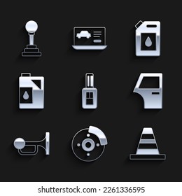 Set Car key with remote, brake disk caliper, Traffic cone, door, Signal horn vehicle, Canister for motor oil,  and Gear shifter icon. Vector