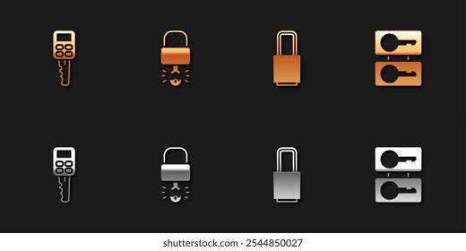 Set Car key with remote, Key broke inside of padlock, Lock and Casting keys icon. Vector