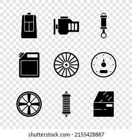 Set Car key with remote, Check engine, Shock absorber, Alloy wheel, door, Canister for gasoline and  icon. Vector