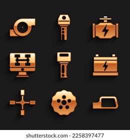 Ajuste la llave del coche con mando a distancia, engranaje, espejo retrovisor, batería, llave de rueda, estado de diagnóstico del coche, Compruebe el motor y el icono del turbocompresor del automóvil. Vector