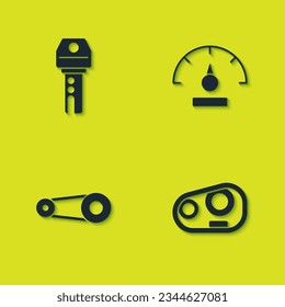 Set Car key with remote, headlight, Timing belt kit and Speedometer icon. Vector