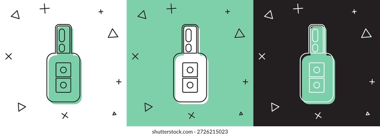 Set Car key com ícone remoto isolado em branco e verde, fundo preto. Chave do carro e sistema de alarme.  Vetor