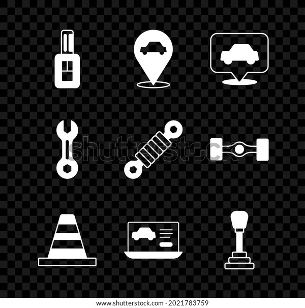 Set Car key with remote, Location\
car service, Traffic cone, Diagnostics condition of, Gear shifter,\
Wrench spanner and Shock absorber icon.\
Vector