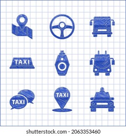 Set Car key with remote, Map pointer taxi, Taxi car, Trolleybus, call telephone service, roof, Bus and Folded map location marker icon. Vector