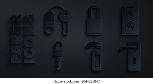 Ajuste la clave Car con el control remoto, el escaneo de huellas digitales móviles, Desbloqueado, el identificador de la puerta, el icono Lock y House. Vector