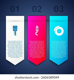 Set Car key with remote, muffler and brake disk caliper. Business infographic template. Vector