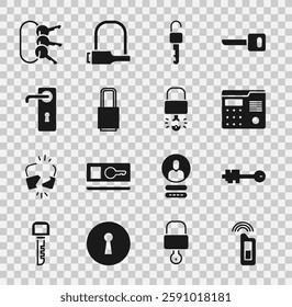 Set Car key with remote, Old, House intercom system, Unlocked, Lock, Door handle, Bunch of keys and Key broke inside padlock icon. Vector
