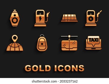 Ajuste la llave del coche con mando a distancia, gasolinera o gasolinera, servicio de taxi de llamadas para portátiles, teleférico, ubicación del globo, techo de taxi e icono de carga eléctrica. Vector