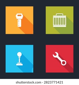 Set Car key with remote, radiator cooling system, Gear shifter and Wrench spanner icon. Vector