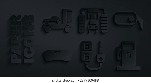 Set Car key with remote, rearview mirror, Windshield, Petrol Gas station, wash and transporter truck icon. Vector