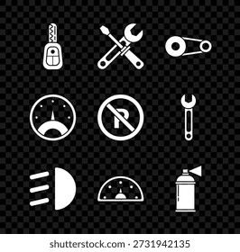 Establecer la llave del coche con el telecontrol, destornillador y herramientas de la llave, kit de la correa de distribución, luz alta, velocímetro, lata del aerosol de la pintura, y ningún icono del estacionamiento o de la parada. Vector
