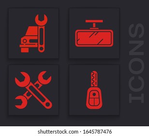 Legen Sie die Autoschlüssel mit Fernbedienung, Auto-Service, Auto-Spiegel und WFranzösisch-Symbol fest. Vektorillustration