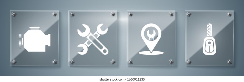 Set Car key with remote, Car service, Wrench and Check engine. Square glass panels. Vector