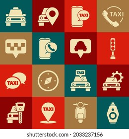 Set Car key with remote, service, Traffic light, Taxi call telephone, Map pointer taxi, car and  icon. Vector