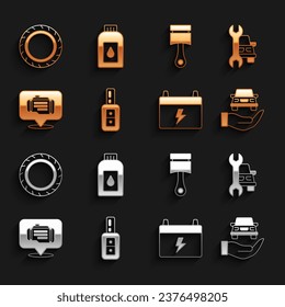 Set Car key with remote, service, Auto check automotive, battery, Check engine, Engine piston, tire wheel and Canister for motor machine oil icon. Vector
