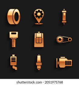 Autoschlüssel mit Fernbedienung, Zündkerze, Prüfmotor, Zeitgurt-Kit, Muffler, Stoßdämpfer und Reifensymbol einstellen. Vektorgrafik