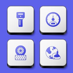 Set Car key with remote, Speedometer, tire wheel and Racing helmet icon. White square button. Vector