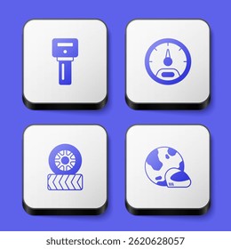 Set Car key with remote, Speedometer, tire wheel and Racing helmet icon. White square button. Vector