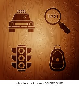Set Car key with remote, Taxi car, Traffic light and Magnifying glass and taxi car on wooden background. Vector