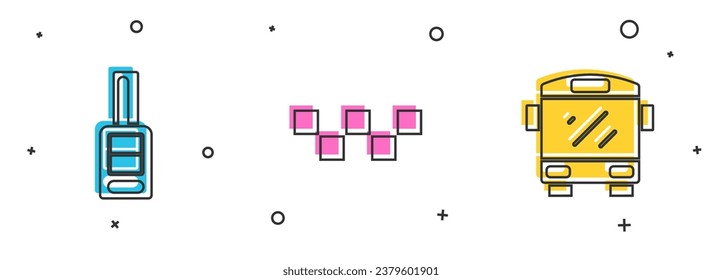 Set Car key with remote, Taxi car roof and Bus icon. Vector