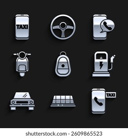 Set Car key with remote, Taxi car roof, call telephone service, Electric charging station, Scooter,  and  icon. Vector