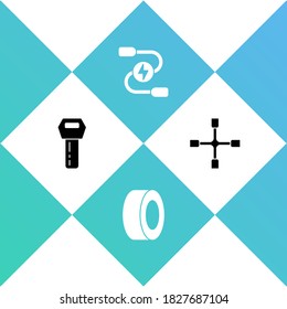 Set Car key with remote, tire, battery jumper power cable and Wheel wrench icon. Vector.
