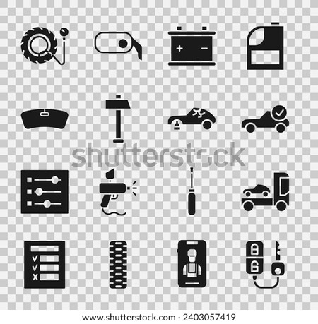 Set Car key with remote, transporter truck, Auto service check automotive, battery, Hammer, Windshield, Tire pressure gauge and Broken car icon. Vector