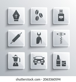 Set Car, Lipstick, Wine corkscrew, Woman dress, Coffee moca pot, Rolling pin, Pope hat and Perfume icon. Vector