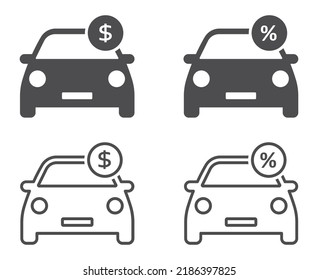 Set of car loan icons and money. Car with percent and dollars icons. Buying vehicle, car loan, transport payment, rent car. Vector illustration.