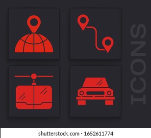 Set Car, Location on the globe, Route location and Cable car icon. Vector