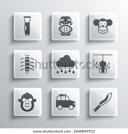 Set Car, Machete, Spider, Cloud with rain, Monkey, Centipede insect, Flashlight and  icon. Vector