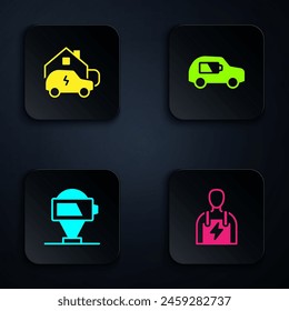 Set Car mechanic, Charging car at home, Battery charge and Electric. Black square button. Vector