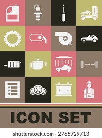 Set Car mechanic, Chassis car, Broken, Screwdriver, rearview mirror, tire wheel, Canister for motor machine oil and Automotive turbocharger icon. Vector