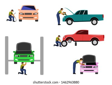 set of  car mechanic is checking cars in the car service center on white background
