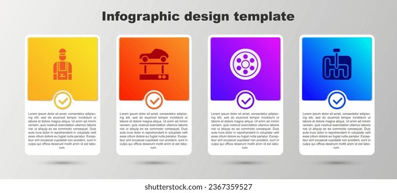 Set Car mechanic, Repair car on lift, Alloy wheel and Gear shifter. Business infographic template. Vector