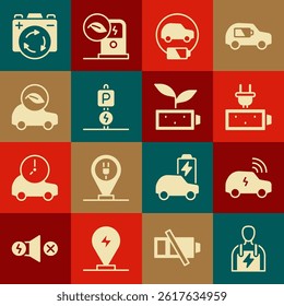 Set Car mechanic, Smart car system, Battery charge, Electric, Charging parking electric, Eco, with recycle symbol and nature leaf battery icon. Vector