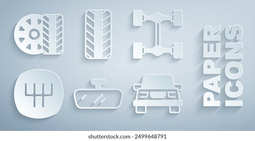 Set Car mirror, Chassis car, Gear shifter, tire wheel and  icon. Vector