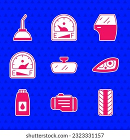 Set Car mirror, Check engine, tire wheel, headlight, Canister for motor machine oil, Motor gas gauge, door and  icon. Vector