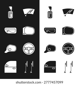 Set Car mirror, door handle, Gear shifter, Windscreen wiper, Steering wheel,  and  icon. Vector