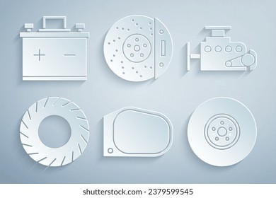 Set Car mirror, engine, tire, brake disk, with caliper and battery icon. Vector