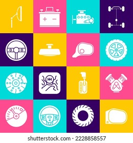 Sitúe el espejo retrovisor del coche, el motor, la rueda, la dirección, el limpiaparabrisas y el icono. Vector