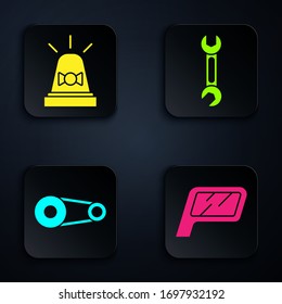 Set Car mirror, Flasher siren, Timing belt kit and Wrench. Black square button. Vector