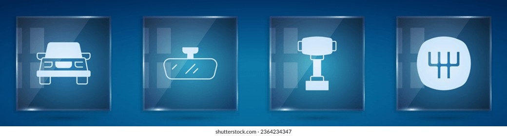 Ajuste el coche, el espejo, el selector de engranajes y . Paneles de vidrio cuadrado. Vector