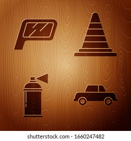 Set Auto, Auto-Spiegel, Paint Spray Dose und Traffic Kegel auf Holzhintergrund. Vektorillustration