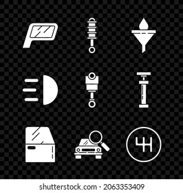 Ajuste Espejo de coche, absorbedor de choque, filtro de embudo y caída de aceite del motor, puerta, búsqueda, selector de velocidades, Icono de haz alto y pistón del motor. Vector