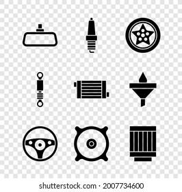 Ajuste el espejo retrovisor del coche, la bujía, la rueda, la dirección, el altavoz de sonido, el filtro de aire, el amortiguador de choque y el icono del sistema de refrigeración del radiador. Vector