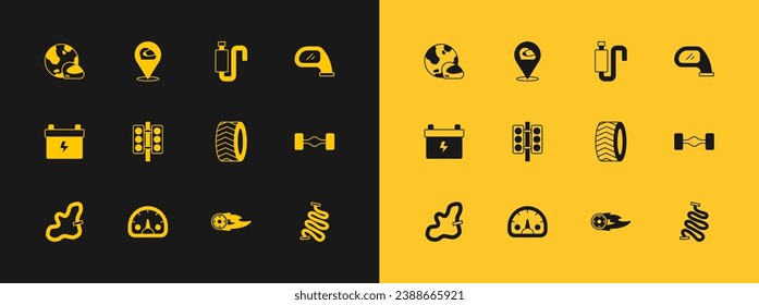 Set Car mirror, Speedometer, tire wheel, Wheel in fire flame, Racing traffic light, muffler, helmet and  icon. Vector
