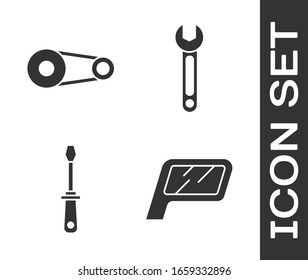 Set Car-Spiegel, Timing-Gurt-Kit, Schraubenzieher und Schraubenschlüssel-Symbol. Vektorillustration